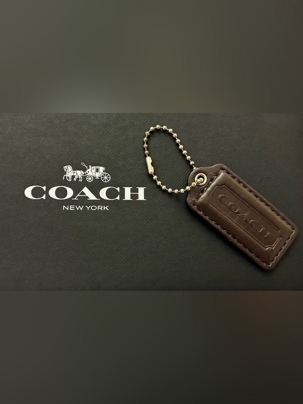 COACH Dark Chocolate Brown Leather Hang Tag with Silver Ball Chain